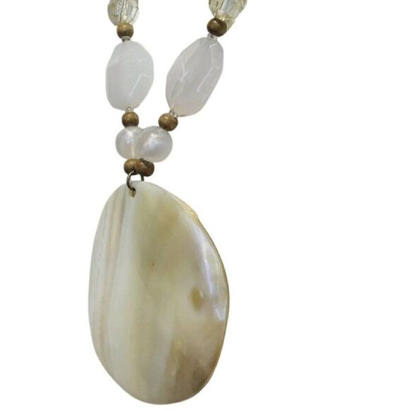 Oversized White Shell Pendant Statement Necklace 19" Icy Glass Beaded Bohemian - Picture 5 of 8